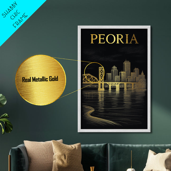 Peoria Illinois art, Metallic Gold Art, Office Decor, Metal Art, Wood Framed Art, Graduation Travel Gift, Destination Gift