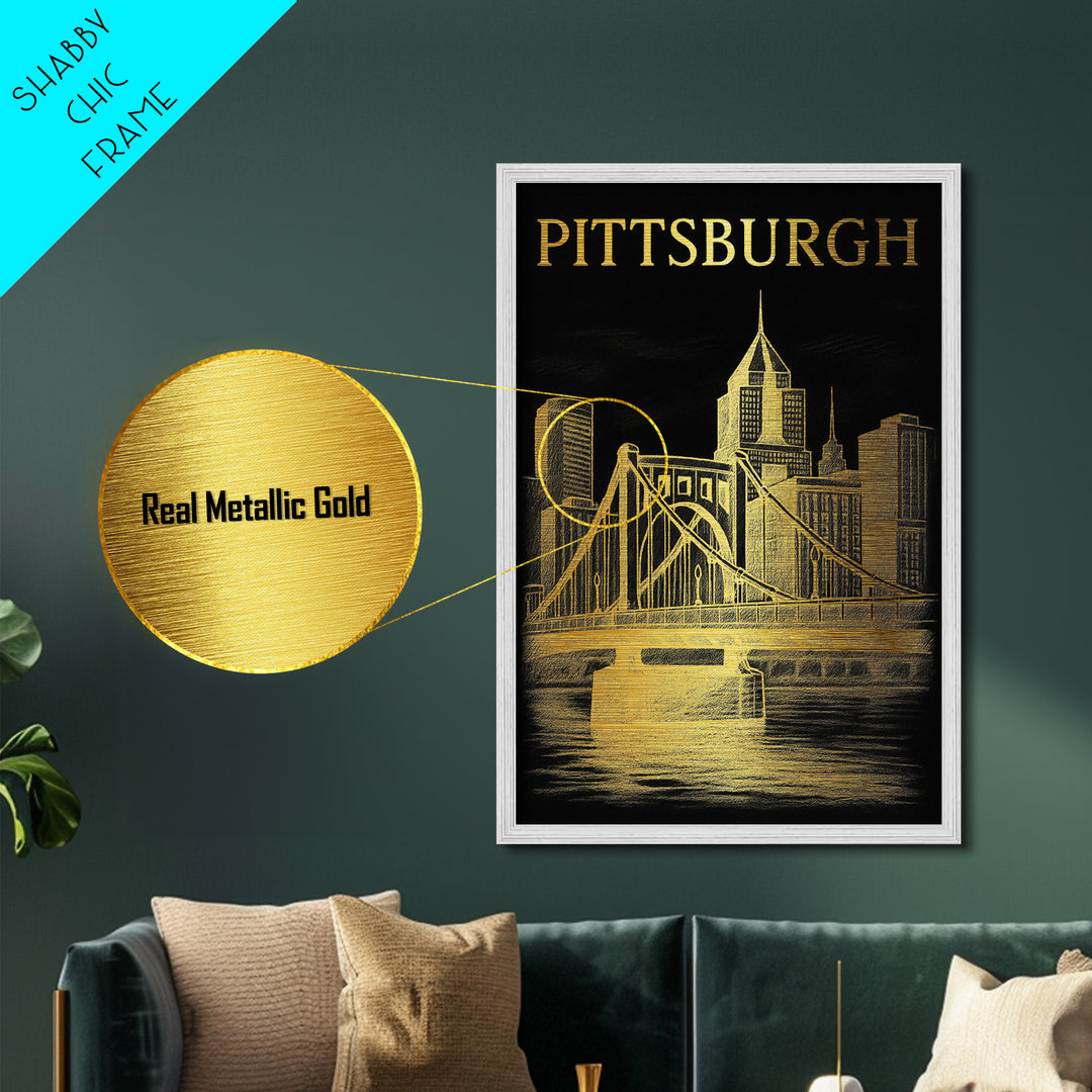 Pittsburgh Pennsylvania travel, Metallic Gold Print, Modern Skyline Wall Print, Metal Art, Wood Framed Art, Adventure Lover Gift