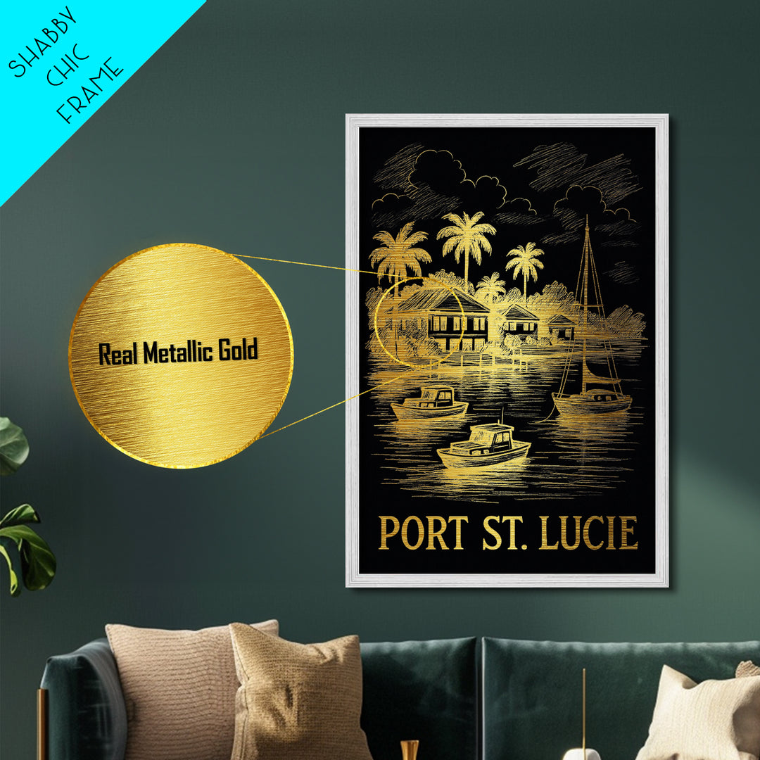 Port St Lucie Florida art, Metallic Gold Art, Housewarming Gift, Metal Art, Wood Framed Art, Newlywed Travel Gift, Honeymoon Gift