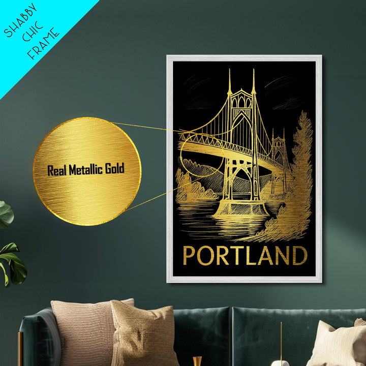 Portland Oregon art, Metallic Gold Art, Best Friend Gifts, Metal Art, Wood Framed Art, Birthday Travel Gift, Destination Gift