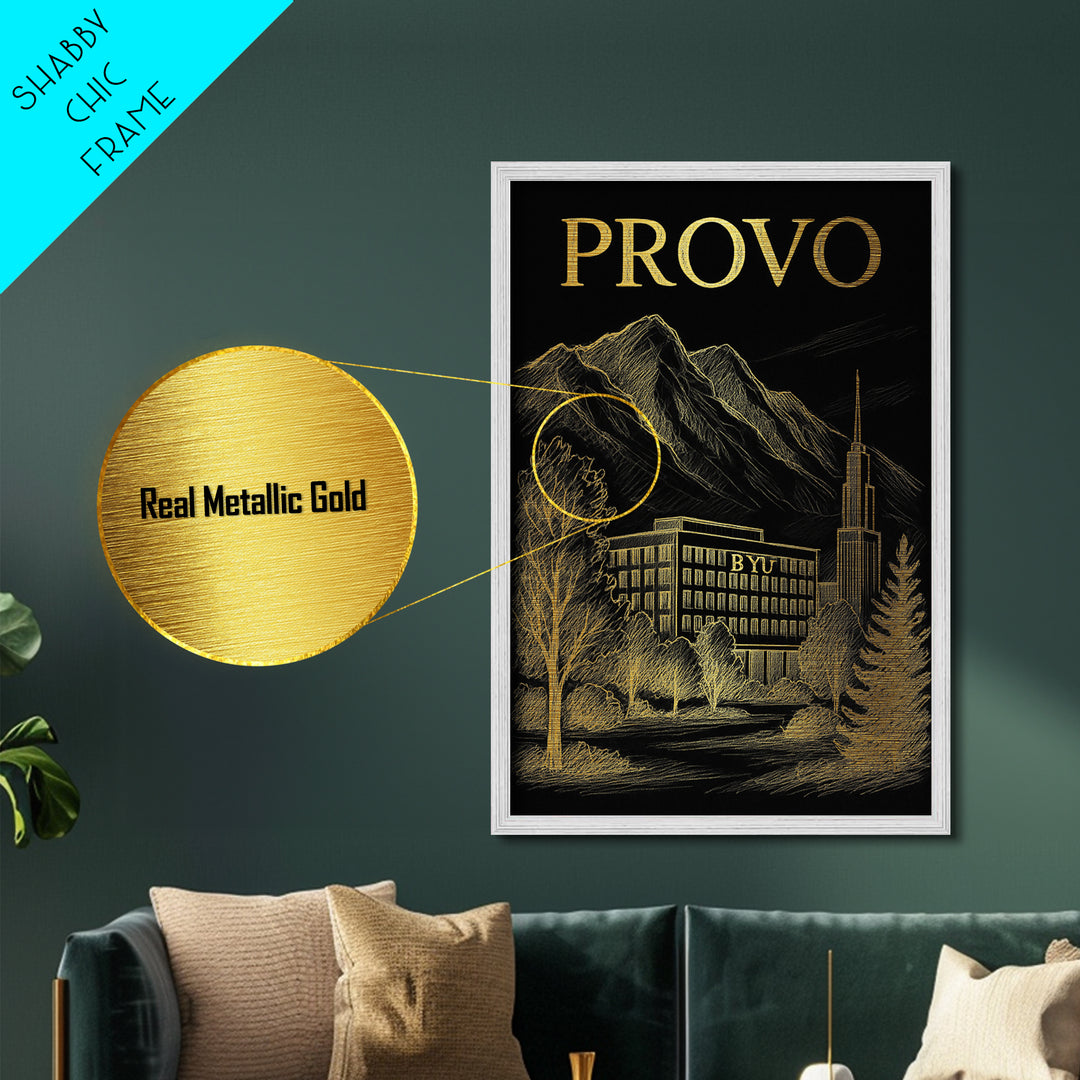 Provo Utah travel, Metallic Gold Print, Modern House Art, Metal Art, Wood Framed Art, Wanderlust Gift, Travel Art Prints