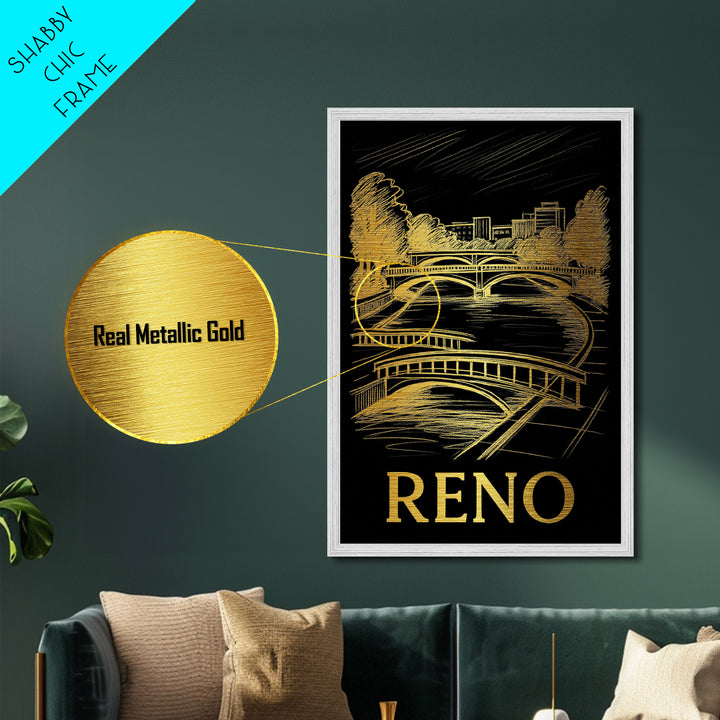 Reno Nevada art, Metallic Gold Art, Travel Art Prints, Metal Art, Wood Framed Art, Adventure Lover Gift, Traveler Gift