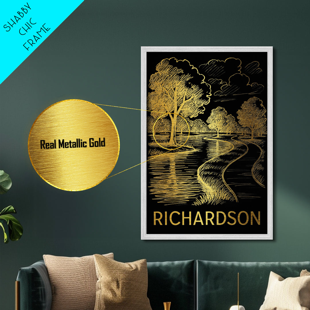 Richardson Texas art, Metallic Gold Art, Housewarming Gift, Metal Art, Wood Framed Art, Newlywed Travel Gift, Honeymoon Gift