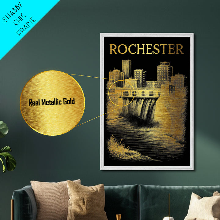 Rochester New York travel, Metallic Gold Print, Modern Skyline Wall Print, Metal Art, Wood Framed Art, Adventure Lover Gift, Travel Gift