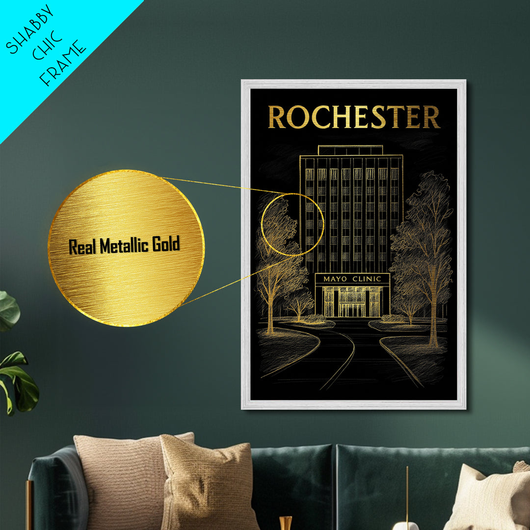 Rochester New York art, Metallic Gold Art, Housewarming Gift, Metal Art, Wood Framed Art, Newlywed Travel Gift, Honeymoon Gift