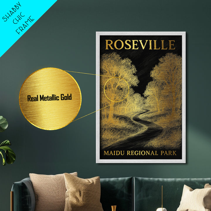 Roseville California travel, Metallic Gold Print, Modern House Art, Metal Art, Wood Framed Art, Traveler Gift, Destination Gift