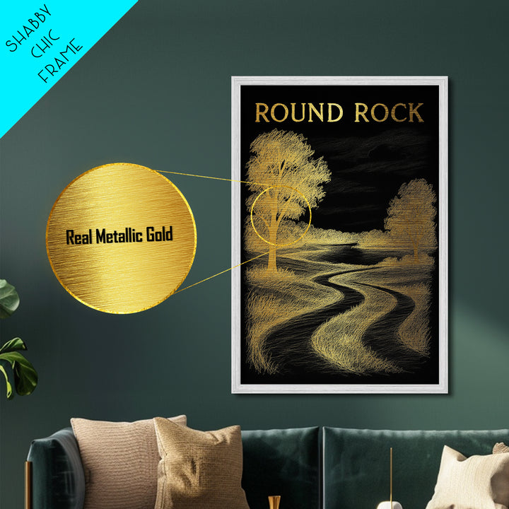 Round Rock Texas travel, Metallic Gold Print, College Dorm Décor, Metal Art, Wood Framed Art, Graduation Travel Gift, Traveler Gift
