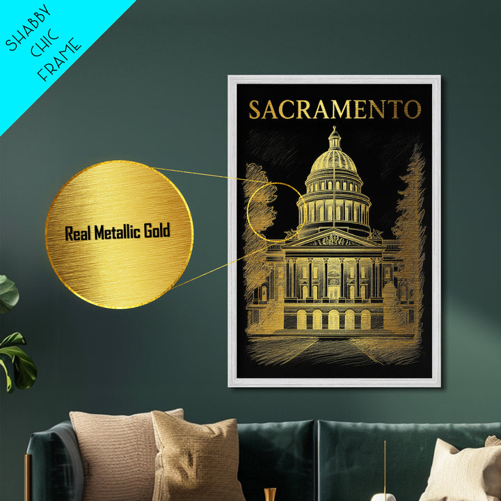 Sacramento California travel, Metallic Gold Print, Modern Skyline Wall Print, Metal Art, Wood Framed Art, Adventure Lover Gift, Travel Gift