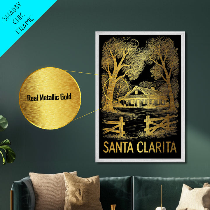 Santa Clarita California art, Metallic Gold Art, Housewarming Gift, Metal Art, Wood Framed Art, Newlywed Travel Gift, Honeymoon Gift