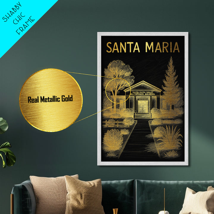 Santa Maria California travel, Metallic Gold Print, Closing Gift, Metal Art, Wood Framed Art, Anniversary Travel Gift, Retirement Gift