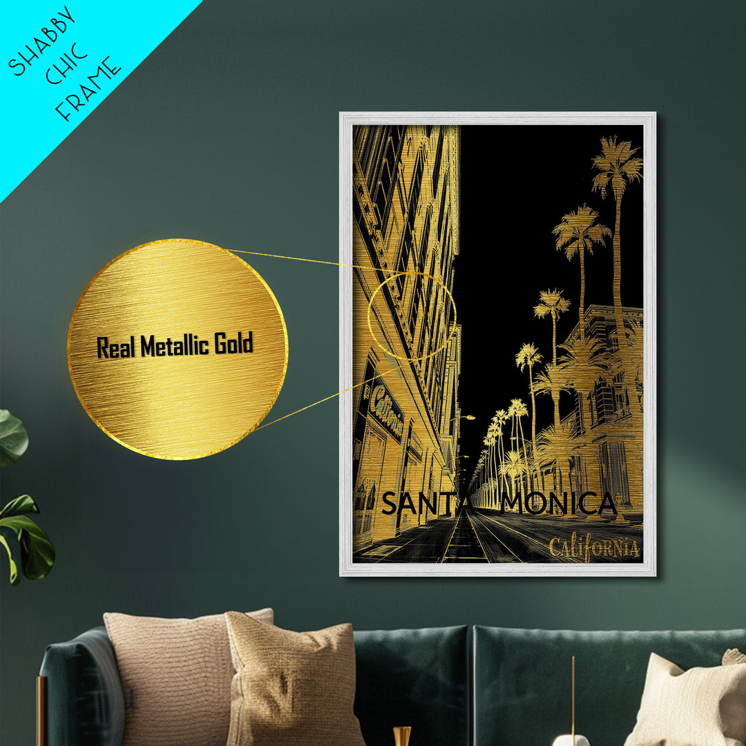 Santa Monica California travel, Metallic Gold Print, Modern House Art, Metal Art, Wood Framed Art, Wanderlust Gift, Travel Art Prints