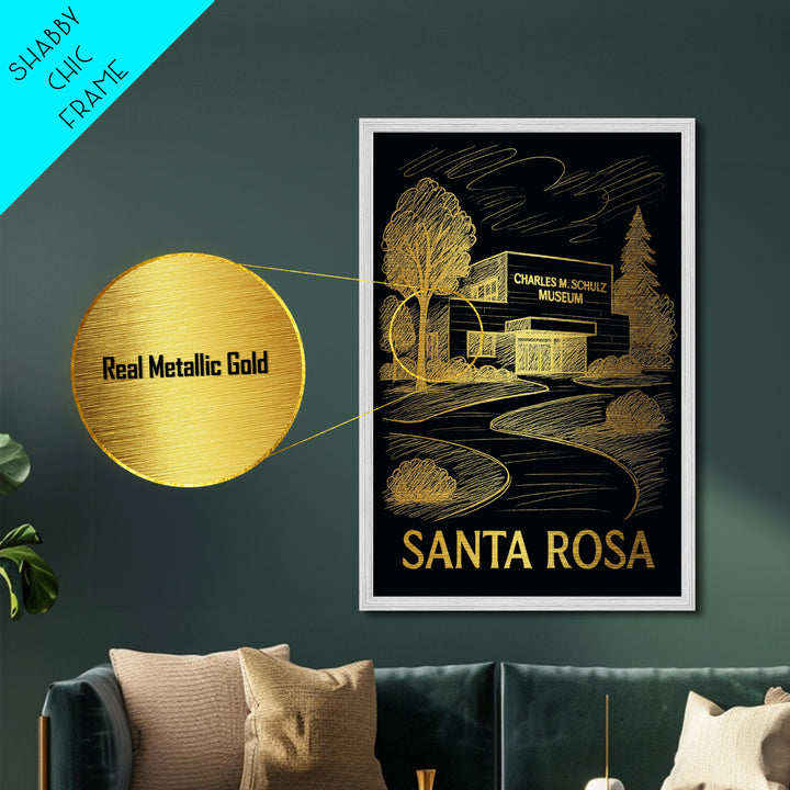 Santa Rosa California art, Metallic Gold Print, Modern House Art, Metal Art, Wood Framed Art, Traveler Gift, Destination Gift