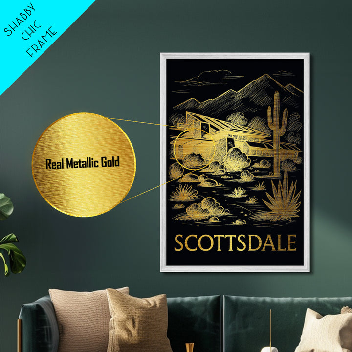 Scottsdale Arizona art, Metallic Gold Print, Modern Skyline Wall Print, Metal Art, Wood Framed Art, Adventure Lover Gift, Travel Gift