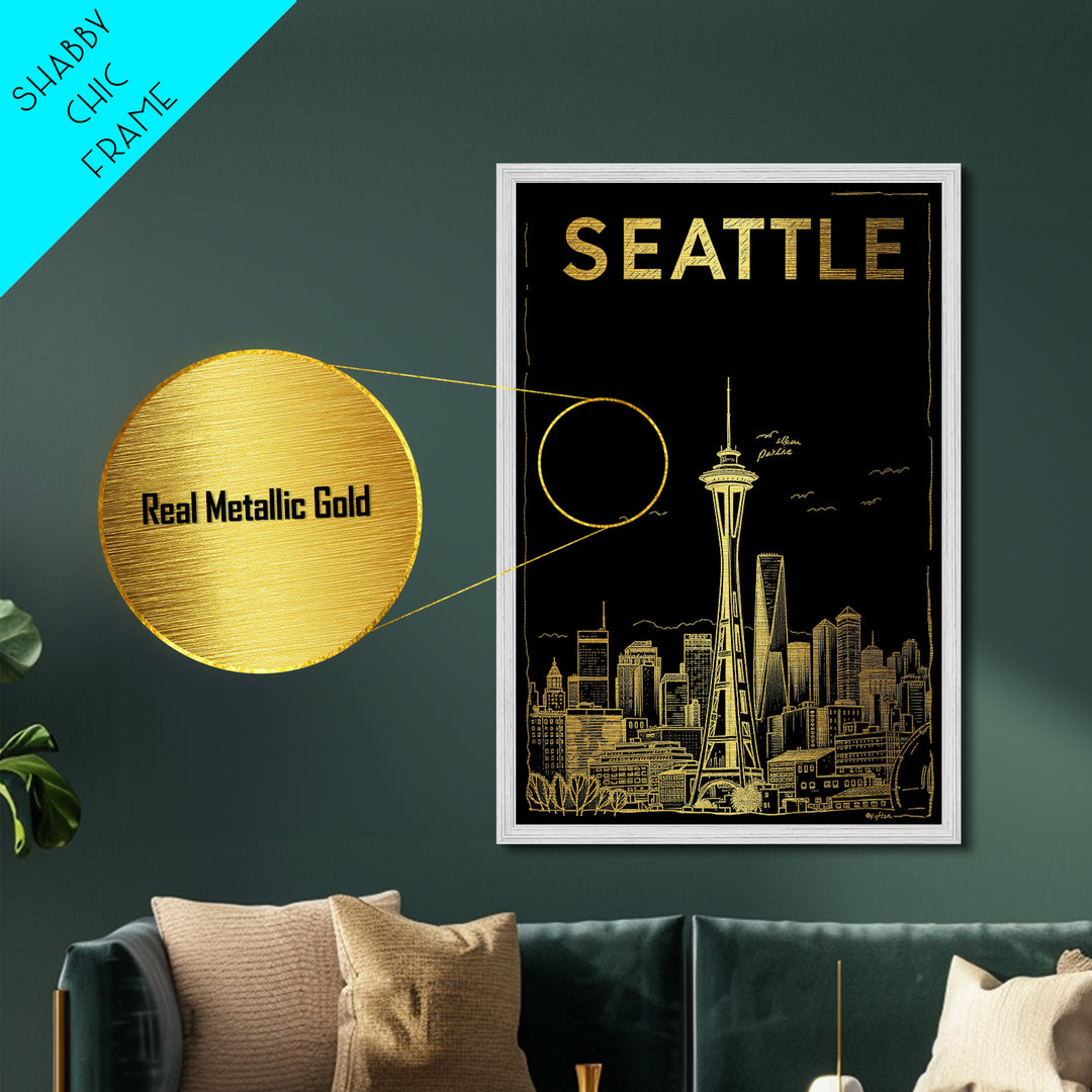 Seattle Washington travel, Metallic Gold Art, Housewarming Gift, Metal Art, Wood Framed Art, Newlywed Travel Gift, Honeymoon Gift