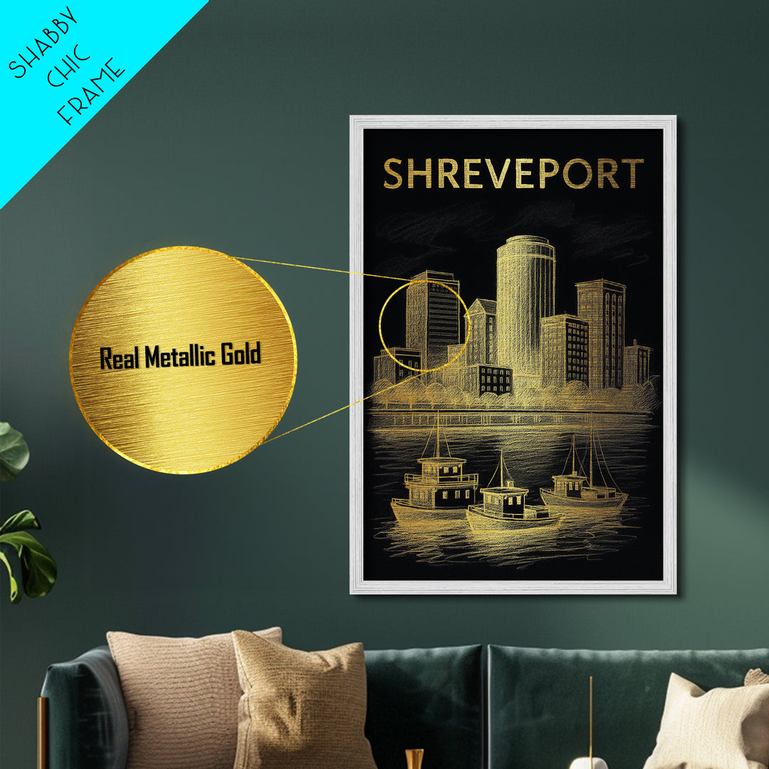 Shreveport Louisiana travel, Metallic Gold Print, Modern House Art, Metal Art, Wood Framed Art, Wanderlust Gift, Travel Art Prints