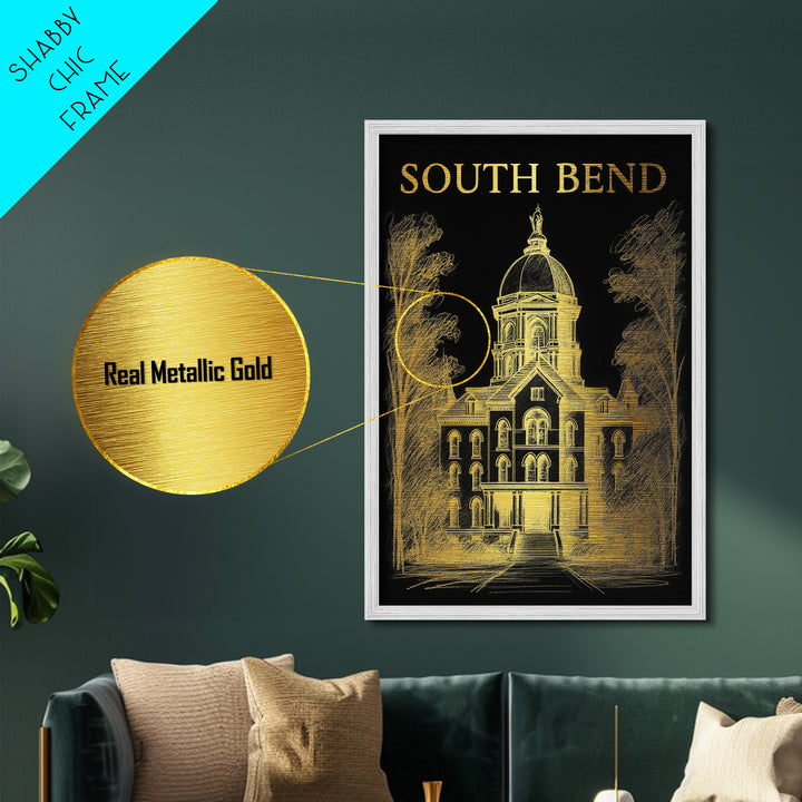South Bend Indiana travel, Metallic Gold Print, Modern Skyline Wall Print, Metal Art, Wood Framed Art, Adventure Lover Gift, Travel Gift