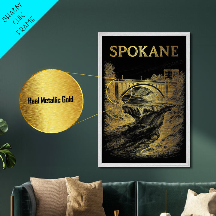 Spokane Washington travel, Metallic Gold Print, Modern House Art, Metal Art, Wood Framed Art, Traveler Gift, Destination Gift