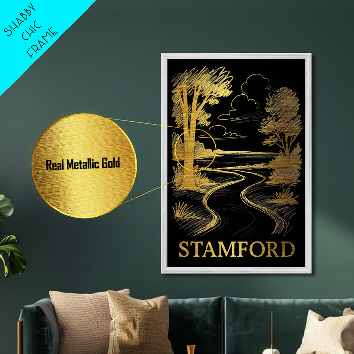Stamford Connecticut art, Metallic Gold Art, Modern House Art, Metal Art, Wood Framed Art, Graduation Travel Gift, Travel Wall Decor