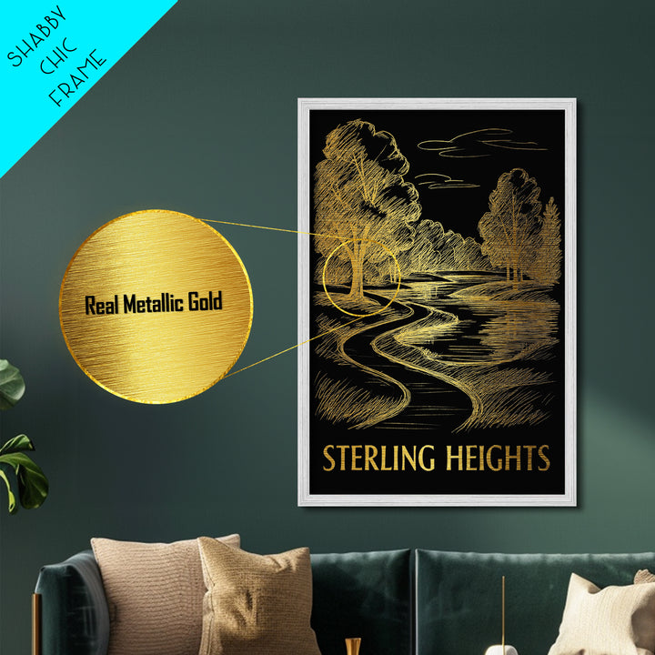 Sterling Heights Michigan art, Metallic Gold Art, Best Friend Gifts, Metal Art, Wood Framed Art, Birthday Travel Gift, Destination Gift