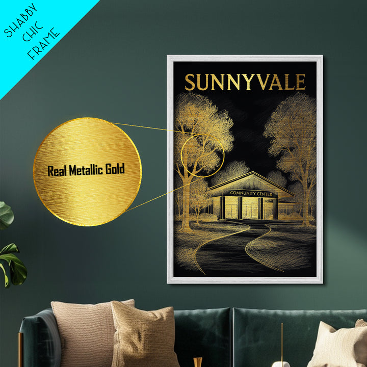 Sunnyvale California travel, Metallic Gold Print, Modern Skyline Wall Print, Metal Art, Wood Framed Art, Adventure Lover Gift, Travel Gift
