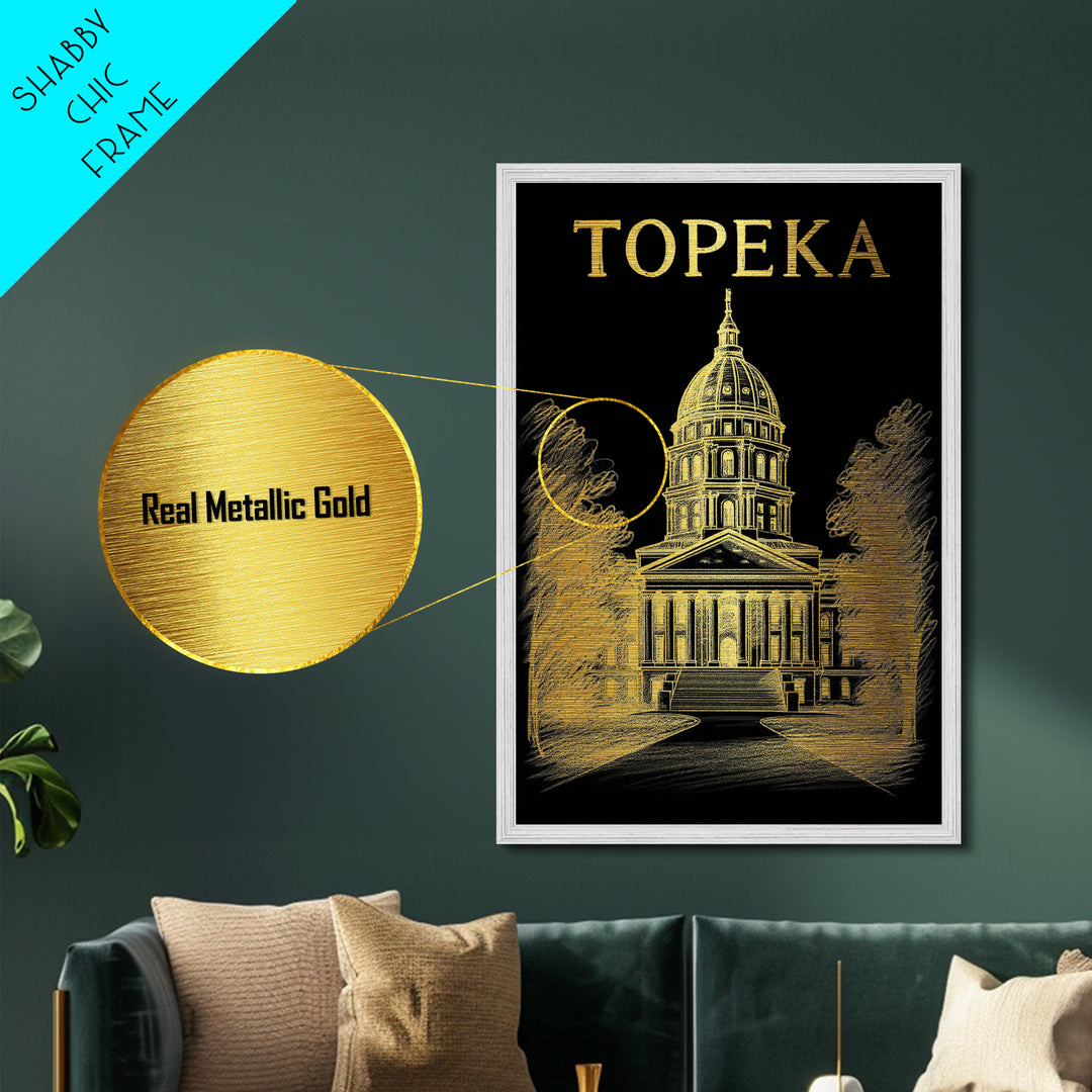 Topeka Kansas travel, Metallic Gold Print, Closing Gift, Metal Art, Wood Framed Art, Anniversary Travel Gift, Retirement Gift