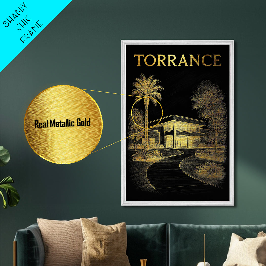 Torrance California travel, Metallic Gold Print, Modern House Art, Metal Art, Wood Framed Art, Wanderlust Gift, Travel Art Prints