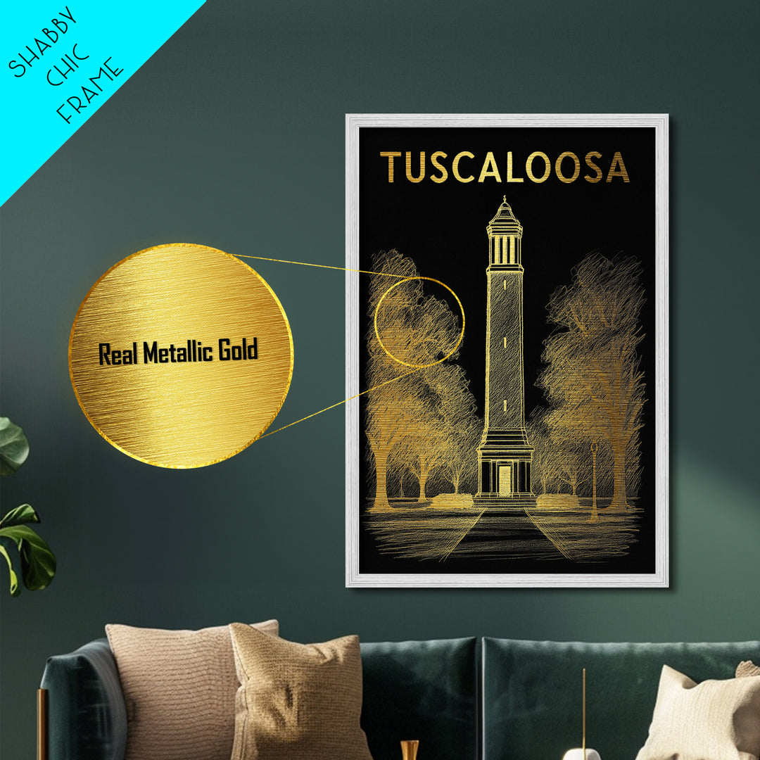 Tuscaloosa Alabama travel, Metallic Gold Print, Modern Skyline Wall Print, Metal Art, Wood Framed Art, Adventure Lover Gift, Travel Gift