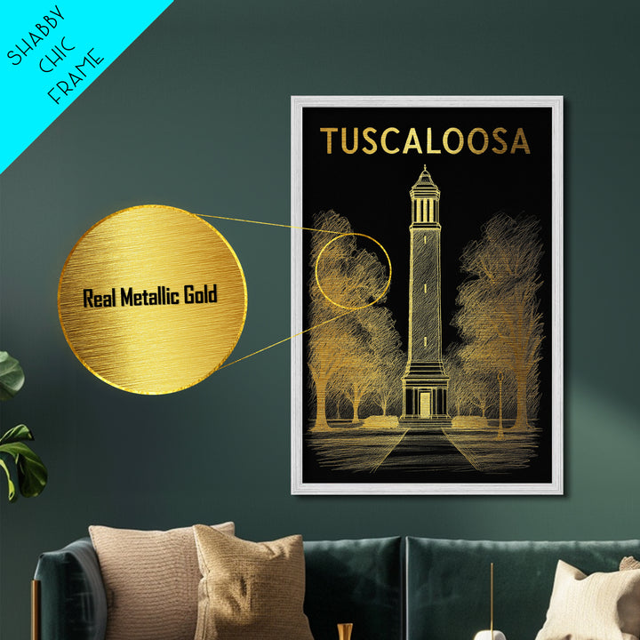 Tuscaloosa Alabama travel, Metallic Gold Print, Modern Skyline Wall Print, Metal Art, Wood Framed Art, Adventure Lover Gift, Travel Gift