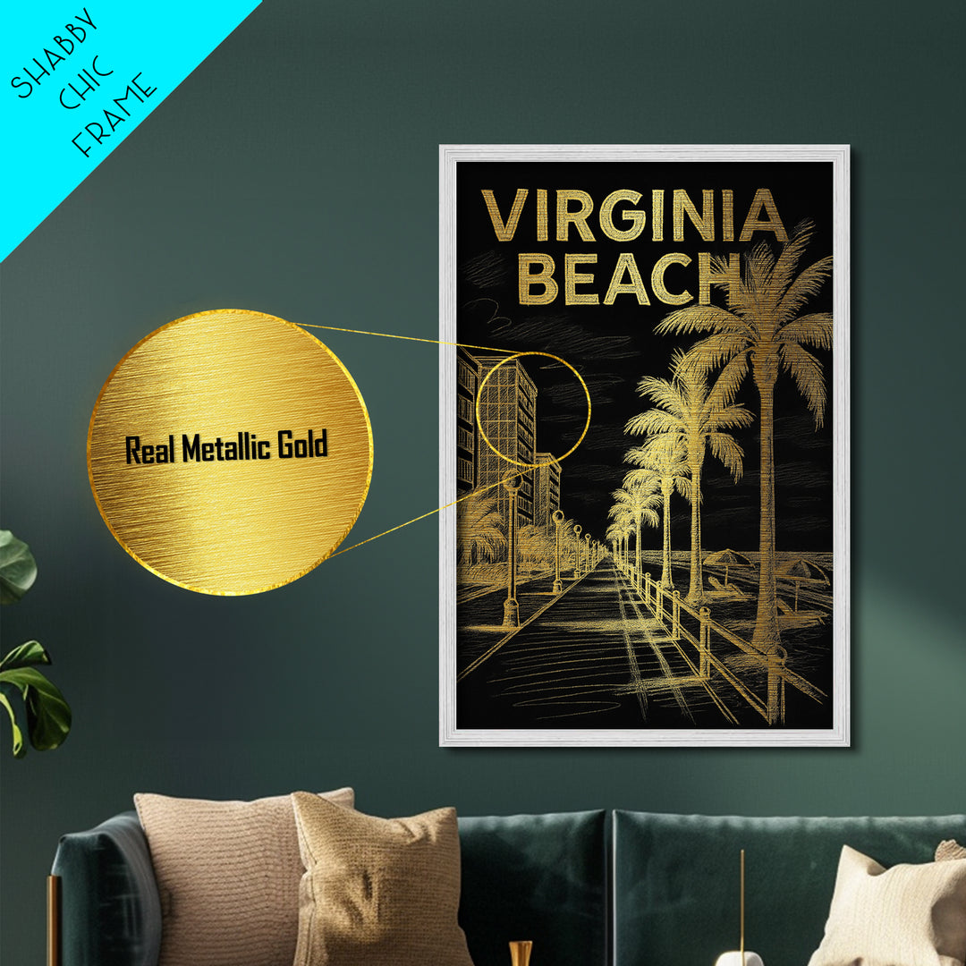 Virginia Beach Virginia travel, Metallic Gold Print, Wood Framed Art, Metal Art, Modern Wall Art, Metallic Gold Print