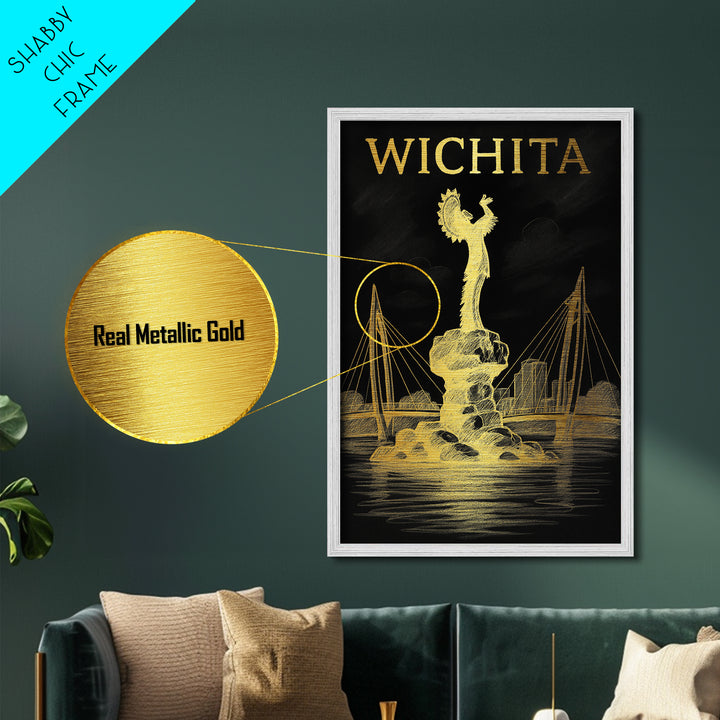 Wichita Kansas travel, Metallic Gold Print, Wood Framed Art, Metal Art, Minimalist Wall Art, Metallic Gold Print, College Dorm Art