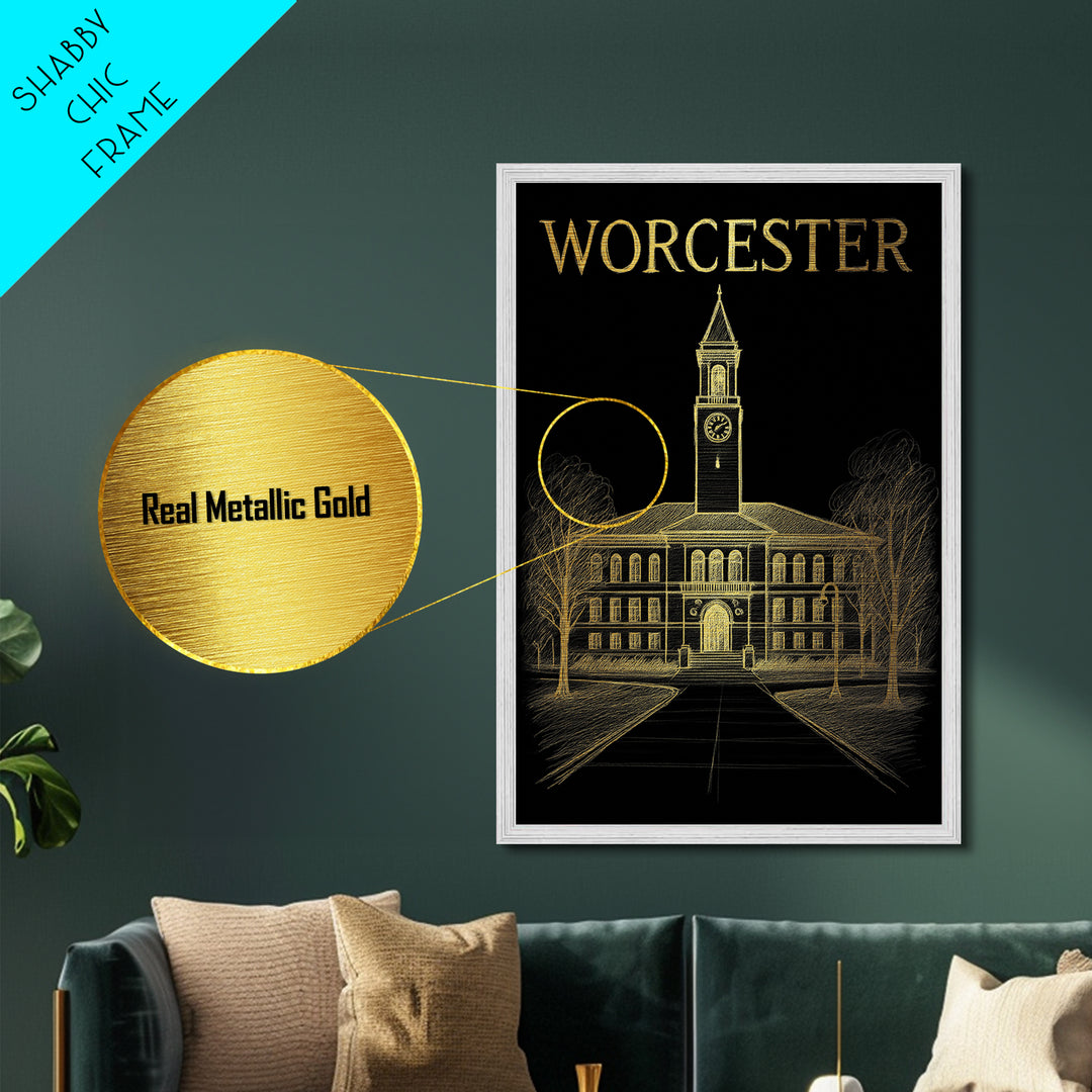 Worcester Massachusetts travel, Metallic Gold Print, Wood Framed Art, Metal Art, Minimalist Wall Art, Metallic Gold Print