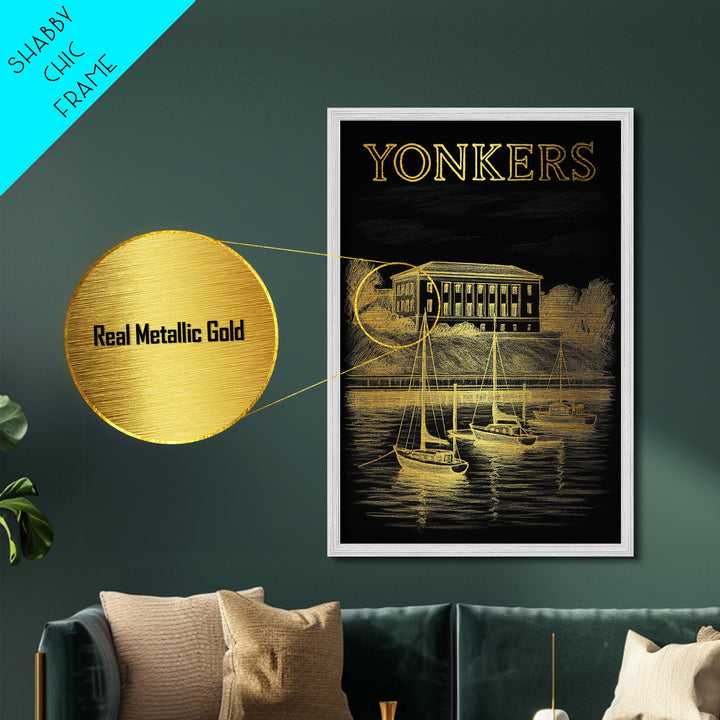 Yonkers New York travel, Metallic Gold Print, Wood Framed Art, Metal Art, College Dorm Décor, Metallic Gold Print
