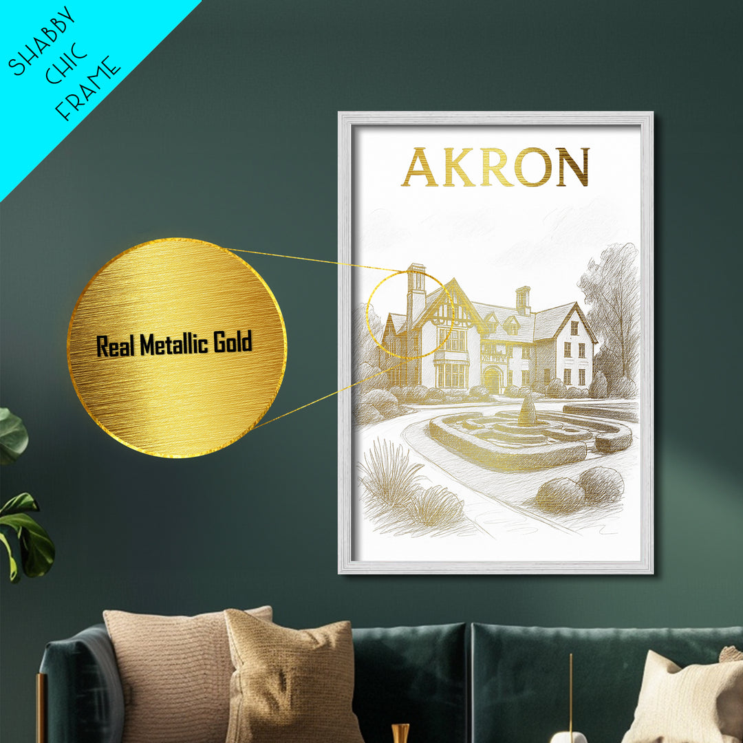 Akron Ohio travel, Metallic Gold Art, Modern House Art, Metal Art, Wood Framed Art, Traveler Gift, Destination Gift