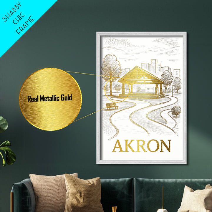 Akron Ohio art, Metallic Gold Print, Modern House Art, Metal Art, Wood Framed Art, Destination Gift, Graduation Travel Gift