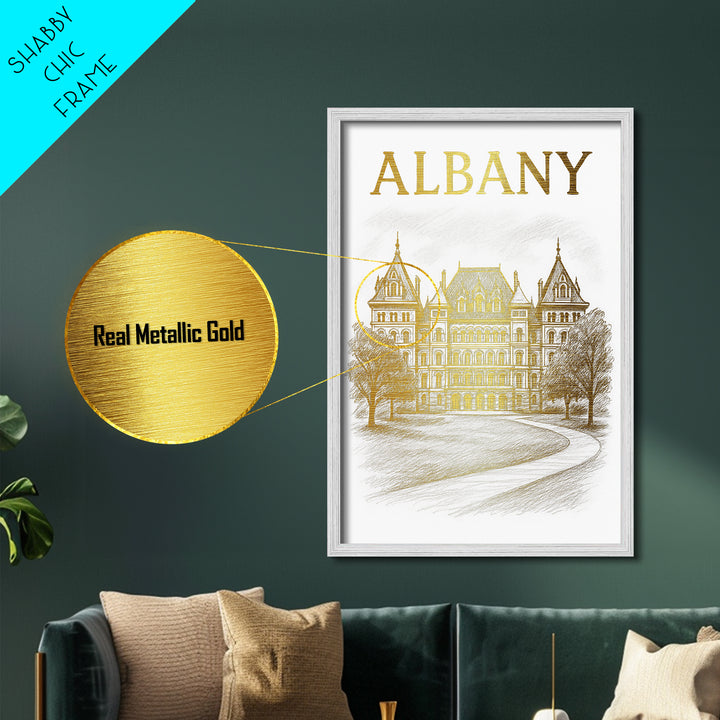 Albany New York travel, Metallic Gold Art, College Dorm Décor, Metal Art, Wood Framed Art, Graduation Travel Gift, Travel Gift