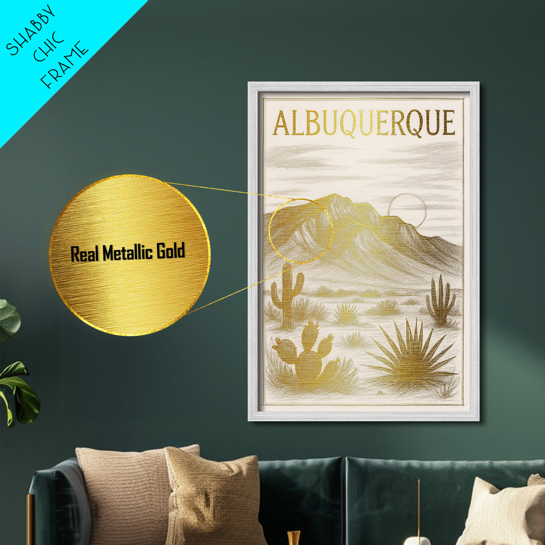Albuquerque New Mexico travel, Metallic Gold Art, Modern Skyline Wall Print, Metal Art, Wood Framed Art, Travel Gift, Adventure Lover Gift