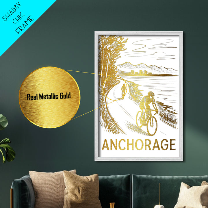 Anchorage Alaska travel, Metallic Gold Art, Modern Skyline Wall Print, Metal Art, Wood Framed Art, Adventure Lover Gift, Travel Gift