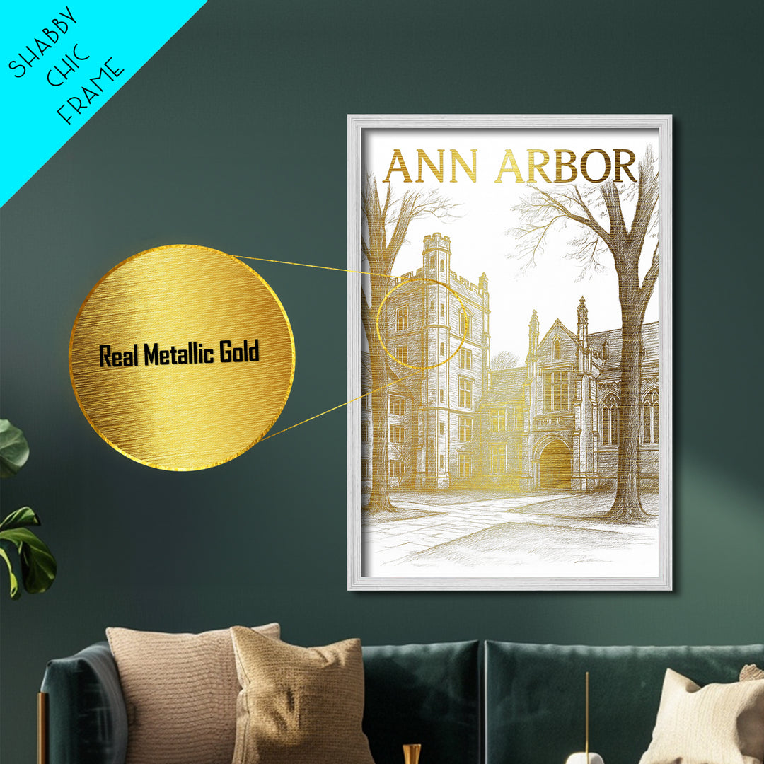 Ann Arbor Michigan travel, Metallic Gold Art, Modern House Art, Metal Art, Wood Framed Art, Wanderlust Gift, Travel Art Prints