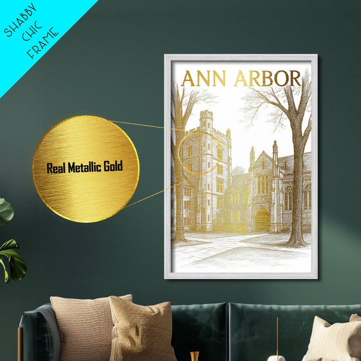Ann Arbor Michigan travel, Metallic Gold Art, Modern House Art, Metal Art, Wood Framed Art, Wanderlust Gift, Travel Art Prints