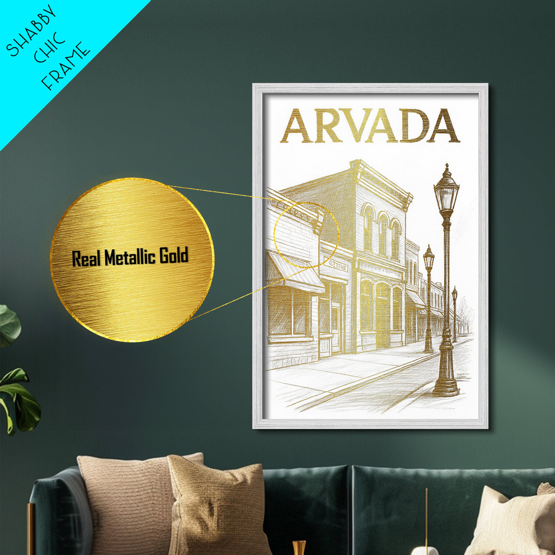 Arvada Colorado travel, Metallic Gold Art, Modern Skyline Wall Print, Metal Art, Wood Framed Art, Adventure Lover Gift, Travel Gift