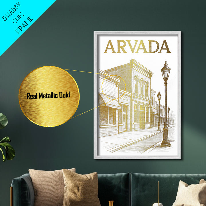 Arvada Colorado travel, Metallic Gold Art, Modern Skyline Wall Print, Metal Art, Wood Framed Art, Adventure Lover Gift, Travel Gift
