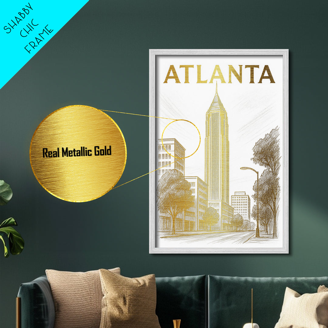 Atlanta Georgia travel, Metallic Gold Art, Modern House Art, Metal Art, Wood Framed Art, Wanderlust Gift, Travel Art Prints