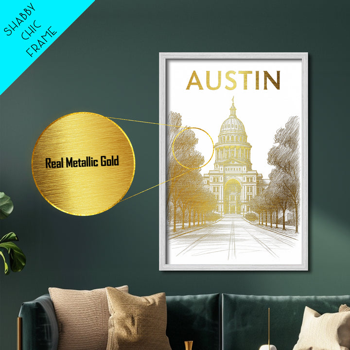Austin Texas art, Metallic Gold Print, Office Decor, Metal Art, Wood Framed Art, Graduation Travel Gift, Destination Gift