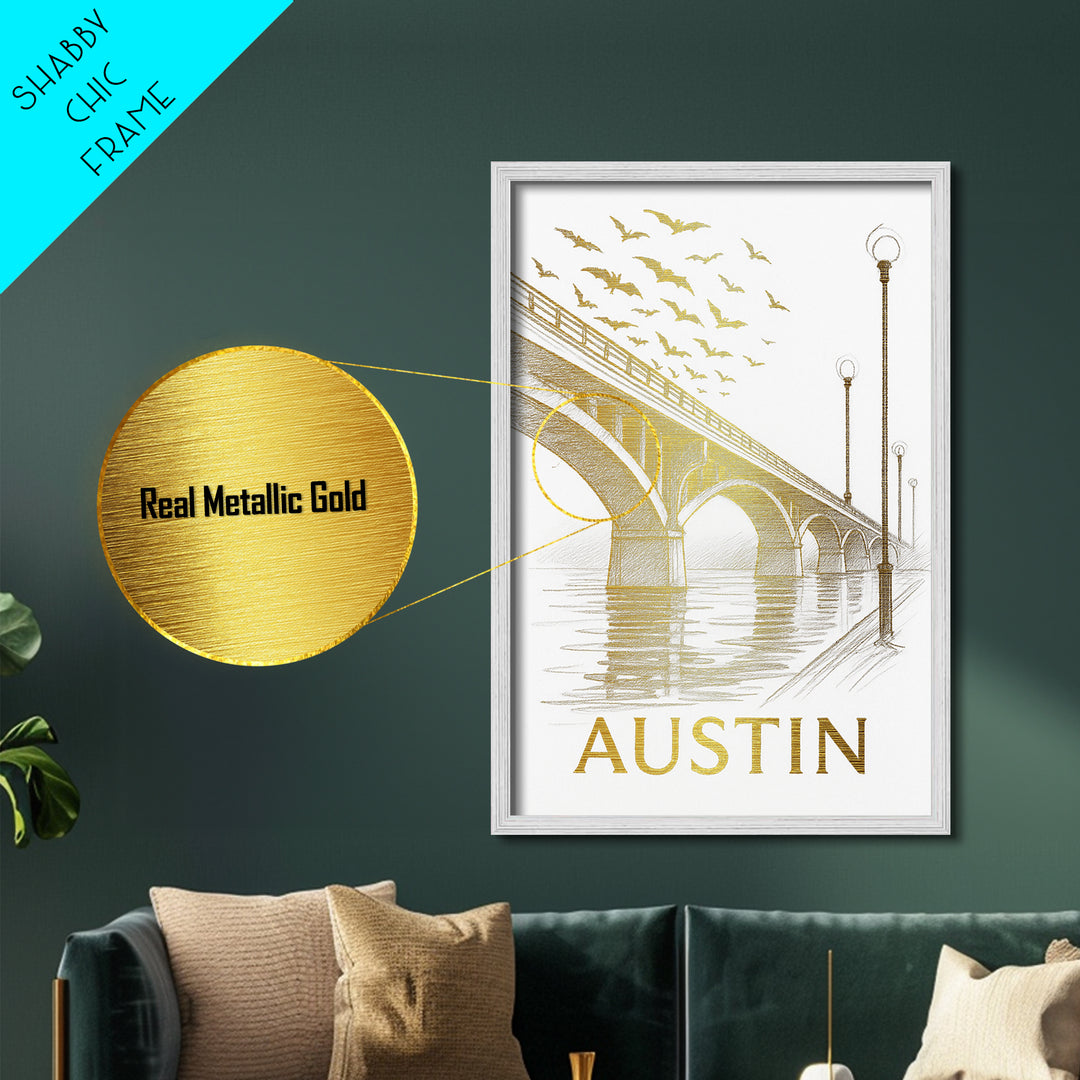 Austin Texas travel, Metallic Gold Art, Modern House Art, Metal Art, Wood Framed Art, Wanderlust Gift, Travel Art Prints