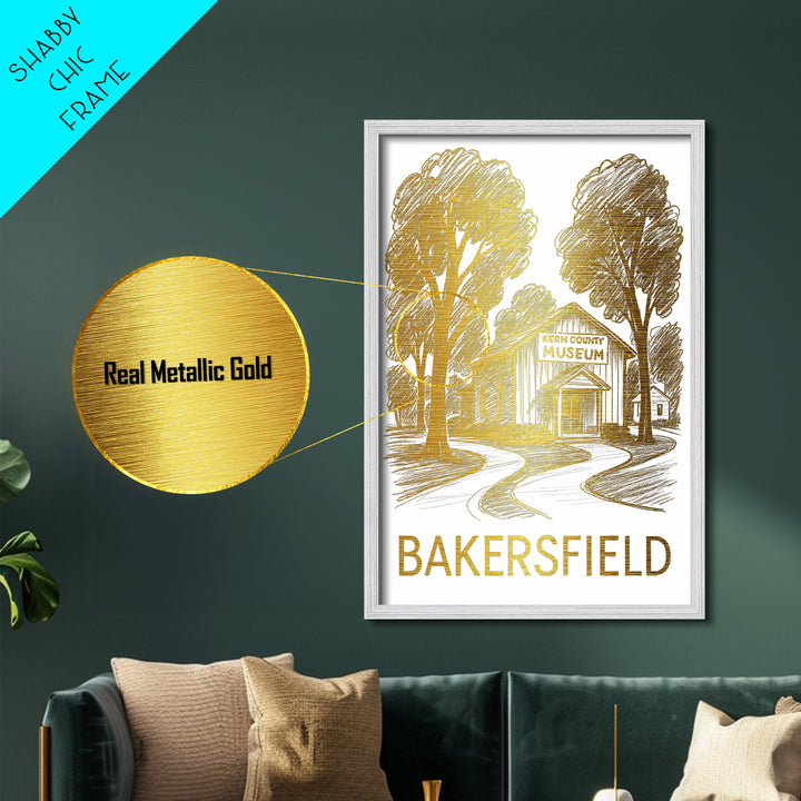 Bakersfield California art, Metallic Gold Art, Modern House Art, Metal Art, Wood Framed Art, Birthday Travel Gift, Destination Gift