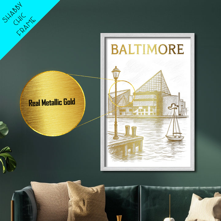 Baltimore Maryland travel, Metallic Gold Print, Modern House Art, Metal Art, Wood Framed Art, Traveler Gift, Destination Gift
