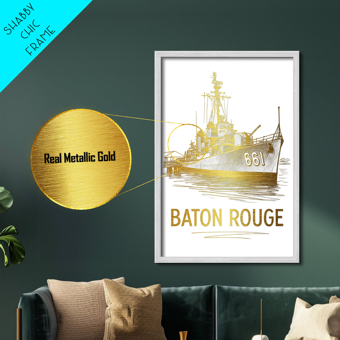 Baton Rouge Louisiana art, Metallic Gold Art, Housewarming Gift, Metal Art, Wood Framed Art, Newlywed Travel Gift, Honeymoon Gift
