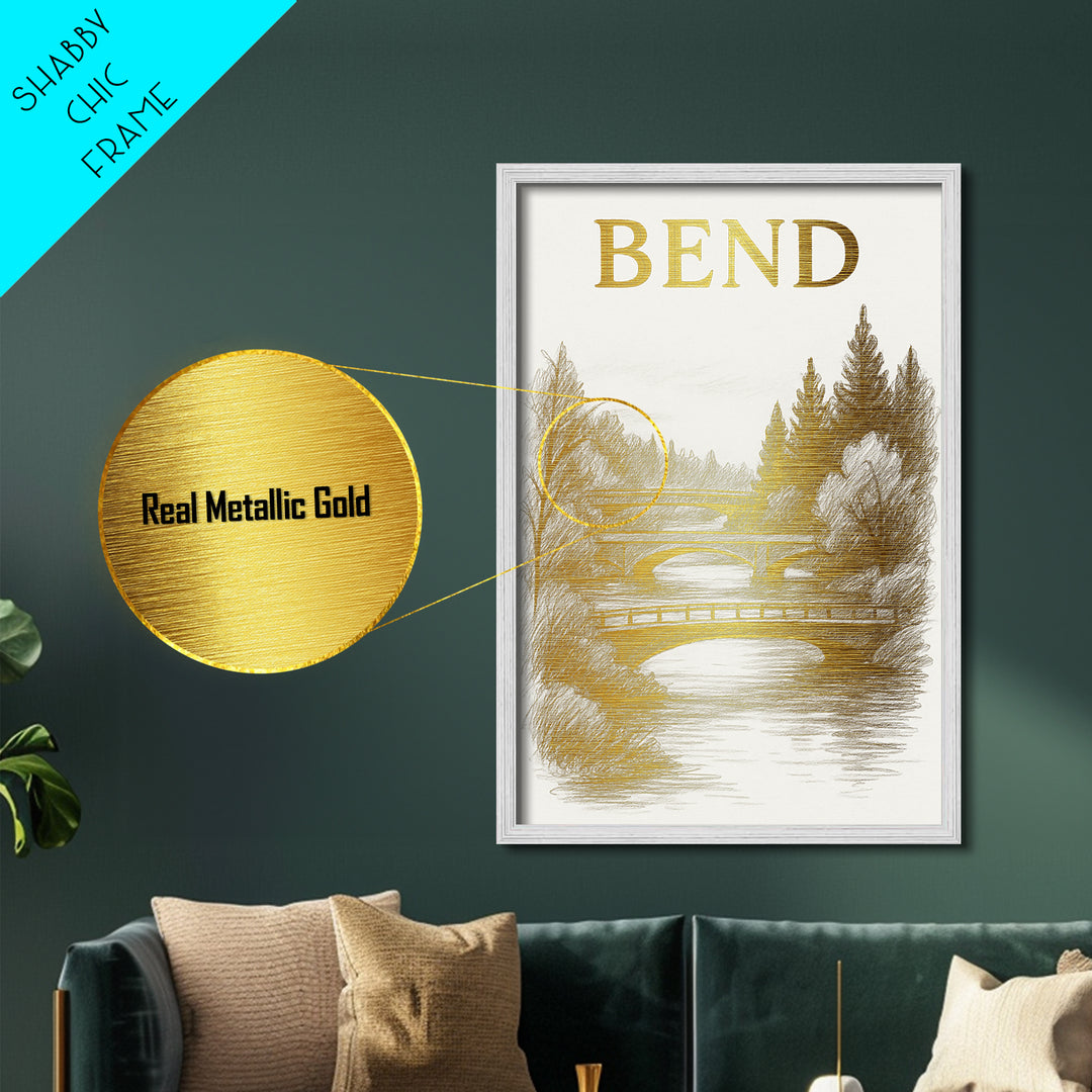 Bend Oregon travel, Metallic Gold Print, Modern House Art, Metal Art, Wood Framed Art, Traveler Gift, Destination Gift