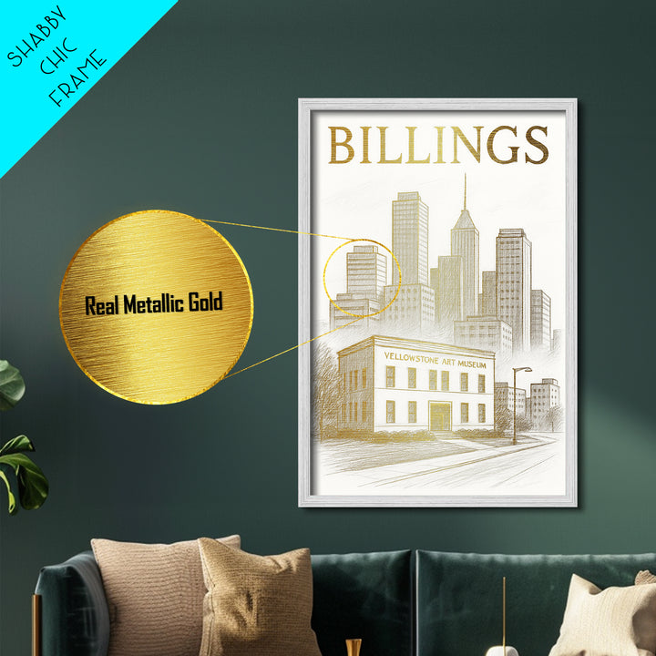 Billings Montana travel, Metallic Gold Print, Modern Skyline Wall Print, Metal Art, Wood Framed Art, Adventure Lover Gift, Travel Gift