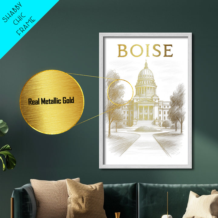 Boise Idaho travel, Metallic Gold Print, Modern House Art, Metal Art, Wood Framed Art, Wanderlust Gift, Travel Art Prints